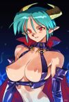  1girl aqua_hair bare_shoulders breasts cape carrera collarbone commentary demon_girl elbow_gloves english_commentary gloves highres horns large_breasts nipples no_pupils o-ring optionaltypo pointy_ears red_eyes short_hair solo upper_body viper viper_gts 