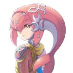  1girl bangs brown_eyes closed_mouth colored_skin fish_girl gxp hair_ornament highres jewelry long_hair looking_back mipha monster_girl multicolored_skin no_eyebrows one_eye_covered pointy_ears red_hair red_skin simple_background smile solo the_legend_of_zelda the_legend_of_zelda:_breath_of_the_wild upper_body white_background zora 