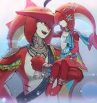  1boy 1girl :d bangs breasts brother_and_sister closed_eyes collarbone colored_skin facing_another fins fish_girl grey_background gxp hair_ornament happy highres jewelry long_hair mipha monster_girl multicolored_skin no_eyebrows pointy_ears red_skin sharp_teeth shoulder_plates siblings sidon sitting smile teeth the_legend_of_zelda the_legend_of_zelda:_breath_of_the_wild upper_teeth yellow_eyes zora 