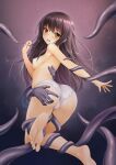  1girl absurdres ass bangs bare_legs barefoot black_hair breasts cameltoe commentary_request denhijou_niki eyebrows_visible_through_hair hair_between_eyes highres imminent_rape jumping long_hair looking_at_viewer mieruko-chan monster nipples open_mouth panties restrained small_breasts soles solo tentacles toes topless trefoil underwear white_panties yellow_eyes yotsuya_miko 