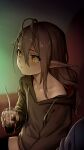  1girl :o antenna_hair as109 blush brown_hair collarbone drinking_straw elf glass highres hood hoodie indie_virtual_youtuber long_hair low-tied_long_hair off_shoulder pointy_ears pov shui_lan_er sitting solo thighhighs yellow_eyes zettai_ryouiki 