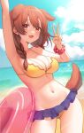  1girl :d animal_ears arm_up armpits bangs beach bikini bikini_skirt blue_sky braid breasts brown_eyes brown_hair cleavage cloud commentary_request cowboy_shot dog_ears dog_girl dog_tail extra_ears eyebrows_visible_through_hair hand_up highres hololive innertube inugami_korone large_breasts long_hair looking_at_viewer navel oni0417 open_mouth outdoors scrunchie sky smile solo standing stomach swimsuit tail twin_braids v virtual_youtuber wrist_scrunchie yellow_bikini 