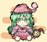  1girl blush bow capelet clock crescent dress eyebrows_visible_through_hair frilled_dress frilled_hat frills fumo_(doll) green_eyes green_hair hat highres kazami_yuuka kazami_yuuka_(pc-98) lis long_hair long_sleeves looking_at_viewer nightcap nightgown pajamas pink_capelet pink_dress pink_headwear pink_pajamas pocket_watch pom_pom_(clothes) red_bow signature sitting smile solo star_(symbol) touhou very_long_hair watch yellow_background 