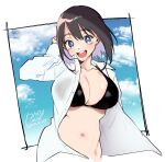  1girl arm_up bikini bikini_top black_hair blue_eyes blue_sky breasts cleavage cloud collarbone collared_shirt commentary_request dated day dress_shirt highres karasuma_yayoi large_breasts long_sleeves looking_at_viewer mole mole_under_eye navel open_clothes open_mouth open_shirt original outside_border round_teeth shirt short_hair signature sky smile solo swimsuit teeth unbuttoned upper_teeth white_shirt wind 