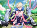  1boy armor blonde_hair blue_cape blush brown_gloves bulge cape clenched_teeth cover cover_page doujin_cover erection erection_under_clothes gloves highres ivy_(ivycrown33) male_focus nipples original restrained solo_focus sweatdrop teeth tentacles tentacles_on_male torn_clothes 