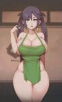  1girl alternate_breast_size apron artist_name ass breasts commentary earrings genshin_impact huge_breasts iced_latte_with_breast_milk_(meme) jewelry large_breasts marker meme mona_(genshin_impact) naked_apron open_mouth phat_smash plump standing thick_thighs thighs twintails 