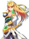  1girl bangs bare_legs bare_shoulders black_legwear blonde_hair breasts commentary_request dress earrings elbow_gloves gloves harubato jewelry large_breasts long_hair md5_mismatch mythra_(massive_melee)_(xenoblade) mythra_(xenoblade) resolution_mismatch short_dress simple_background solo source_larger super_smash_bros. swept_bangs thigh_strap tiara very_long_hair white_background white_dress white_footwear white_gloves xenoblade_chronicles_(series) xenoblade_chronicles_2 yellow_eyes 