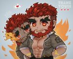  2boys bara beard behind_another chibi dark-skinned_male dark_skin eyebrow_cut facial_hair flaming_eye heart hephaestus_(housamo) hiding jacket looking_at_viewer lowres male_focus mature_male multiple_boys muscular muscular_male open_clothes open_jacket pectoral_cleavage pectorals red_eyes short_hair sleeves_rolled_up smile spoken_heart talos_(housamo) thick_eyebrows tokyo_afterschool_summoners tora_d unzipped upper_body 