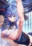  1boy 1girl absurdres ako_(blue_archive) armpits bangs bell blue_archive blue_eyes blue_hair blush bow breasts breasts_outside chain crying cum cum_on_body cum_on_breasts gloves hair_ribbon halo hdd93r hetero highres large_breasts long_hair neck_bell nipples open_mouth penis ribbon solo_focus 