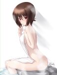  1girl artist_name blush breasts brown_eyes brown_hair closed_mouth dated eyebrows_visible_through_hair girls_und_panzer highres kuzuryuu_kennosuke large_breasts looking_at_viewer nishizumi_maho nude shiny shiny_hair short_hair sideboob simple_background sitting smile solo towel white_background 