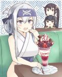  3girls absurdres ainu_clothes bandana black_hair blue_eyes blue_headband cake dress female_admiral_(kancolle) folded_ponytail food hair_ornament headband highres holding holding_spoon ice_cream japanese_clothes kamoi_(kancolle) kantai_collection long_hair looking_at_another mizuho_(kancolle) multiple_girls no_panties open_mouth parfait sitting sleeveless sleeveless_dress sparkle spoon sundae thick_eyebrows white_hair yui_(seiga) 