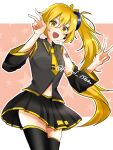  1girl akita_neru black_skirt blonde_hair commentary cowboy_shot detached_sleeves double_v highres long_hair midriff navel necktie open_mouth popoi_156cm side_ponytail skirt smile solo v very_long_hair vocaloid yellow_eyes yellow_necktie 