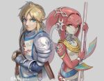  1boy 1girl armor bangs belt blonde_hair blue_belt blue_eyes breasts brown_eyes closed_mouth colored_skin earrings fins fish_girl gloves grey_background gxp hair_ornament highres holding holding_polearm holding_weapon jewelry link long_hair looking_at_viewer mipha monster_girl multicolored_skin no_eyebrows pointy_ears polearm red_hair red_skin shiny shiny_skin small_breasts smile soldier&#039;s_set_(zelda) sword the_legend_of_zelda the_legend_of_zelda:_breath_of_the_wild twitter_username weapon yellow_eyes zora 