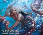  1boy air_bubble armlet backpack bag blue_background bubble company_name copyright_name eyepatch holding holding_knife holding_weapon julio_(zenonzard) knife ladle long_hair looking_back male_focus merman monster_boy official_art pouch rakuen spatula squid tentacles toned toned_male topless_male underwater weapon zenonzard 