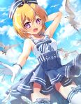  1girl bangs bird blonde_hair blush bow cloud daken-chan dress fang gloves hat higurashi_no_naku_koro_ni houjou_satoko looking_at_viewer open_mouth outdoors purple_eyes sailor sailor_hat seagull short_hair sky smile solo thighhighs 