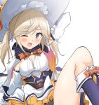  1girl absurdres arm_behind_head arm_up black_footwear black_panties blue_eyes blush boots breasts cleavage commentary_request cucouroux_(granblue_fantasy) detached_sleeves fang gloves granblue_fantasy hat highres knee_boots knee_up light_brown_hair long_hair long_sleeves looking_at_viewer medium_breasts momio one_eye_closed open_mouth panties shirt simple_background sitting skirt solo sweat twintails underwear white_background white_gloves white_headwear white_shirt white_skirt white_sleeves witch_hat 