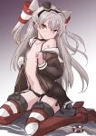  1girl amatsukaze_(kancolle) black_dress blush breasts brown_eyes closed_mouth dress eyebrows_visible_through_hair fuji_(pixiv24804665) garter_straps gloves gradient gradient_background hair_between_eyes hair_tubes highres jewelry kantai_collection long_hair long_sleeves red_legwear ring rudder_footwear sailor_collar sailor_dress silver_hair single_glove small_breasts solo thighhighs two_side_up wedding_band white_gloves white_sailor_collar windsock 