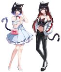  2girls :d absurdres animal_ear_fluff animal_ears bag bangs bare_legs benghuai_xueyuan black_bow black_bowtie black_footwear black_hair black_pants blue_bow blue_skirt boots bow bowtie breasts cat_ears cat_girl cat_tail colored_inner_hair commentary_request crop_top detached_collar extra_ears eyebrows_visible_through_hair eyewear_hang eyewear_removed food hair_between_eyes hands_in_pockets high-waist_skirt high_heel_boots high_heels highres holding holding_food honkai_(series) honkai_impact_3rd ice_cream ice_cream_cone jacket long_hair long_sleeves looking_at_viewer medium_breasts midriff multicolored_hair multiple_girls navel off_shoulder open_clothes open_jacket open_mouth pants pleated_skirt purple_eyes purple_hair red_bow red_eyes red_hair ribbon-trimmed_skirt ribbon_trim seele_(alter_ego) seele_vollerei shirt short_hair short_sleeves shoulder_bag skirt smile sunglasses tail tail_bow tail_ornament takeawatch tongue tongue_out white_bow white_footwear white_jacket white_shirt 
