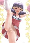  1girl :d bangs black_hair breasts cheerleader closed_eyes commentary_request covered_nipples dawn_(pokemon) eyelashes hair_ornament hairclip highres kneehighs kneepits leg_up long_hair makoto_daikichi open_mouth outstretched_arms pleated_skirt pokemon pokemon_(anime) pokemon_dppt_(anime) pom_pom_(cheerleading) pussy red_shirt red_skirt shiny shiny_hair shiny_skin shirt skirt smile socks solo teeth tongue upper_teeth white_legwear 