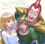  1girl 2boys :d ;d bangs blonde_hair blue_ribbon brown_eyes collarbone earrings green_headwear green_shirt groose gxp hair_ribbon height_difference highres jewelry link long_hair looking_at_another lower_teeth medium_hair multiple_boys one_eye_closed pointy_ears princess_zelda red_hair ribbon shirt simple_background smile tearing_up teeth the_legend_of_zelda the_legend_of_zelda:_skyward_sword tongue tress_ribbon upper_body upper_teeth watermark white_background white_shirt 