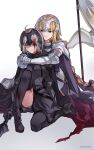  2girls ahoge armored_boots arms_around_neck black_legwear blonde_hair blood blood_on_face boots cape fate/apocrypha fate/grand_order fate_(series) gauntlets grey_skirt headpiece highres hug hug_from_behind jeanne_d&#039;arc_(alter)_(fate) jeanne_d&#039;arc_(fate) jeanne_d&#039;arc_(fate/apocrypha) light_smile long_braid multiple_girls one_eye_closed short_hair skirt standard_bearer thighhighs white_background white_cape yellow_eyes zeromomo 
