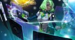  1girl bangs blue_eyes bodysuit breasts english_commentary gloves green_gloves green_hair highres holographic_interface melonplus mina_(zenonzard) parted_lips short_hair small_breasts solo standing zenonzard 