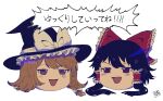  2girls :d black_hair black_headwear blonde_hair bow braid commentary_request eyebrows_visible_through_hair frilled_bow frilled_hair_tubes frills hair_between_eyes hair_bow hair_tubes hakurei_reimu hat hat_bow head highres kirisame_marisa long_hair medium_hair meme multiple_girls no_humans open_mouth red_bow red_eyes sidelocks signature simple_background smile sokura_(mochichitose) touhou translated v-shaped_eyebrows white_background white_bow witch_hat yellow_eyes yukkuri_shiteitte_ne 