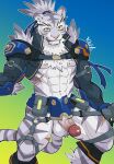  1boy abs animal_ears bara body_fur chest_hair erection feet_out_of_frame furry furry_male grey_fur highres kirupi male_focus male_pubic_hair muscular muscular_male navel navel_hair nimbus_(world_flipper) nipples no_male_underwear orange_eyes pectorals penis pubic_hair shrug_(clothing) sidepec snout solo stomach thick_thighs thighs tied_hair tiger_boy tiger_ears uncensored veins veiny_penis white_fur world_flipper 