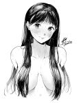  1girl arms_behind_back bangs banned_artist blush breasts closed_mouth collarbone commentary_request dated greyscale hair_censor hair_over_breasts highres kamiyama_aya large_breasts long_hair looking_at_viewer monochrome original signature simple_background solo sweat upper_body white_background 