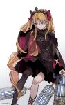  1girl artist_name birdcage black_cape blonde_hair cage cape crown ereshkigal_(fate) fate/grand_order fate_(series) hair_ribbon hand_in_hair highres long_hair red_ribbon ribbon single_thighhigh sitting solo thighhighs two_side_up very_long_hair yellow_eyes zeromomo 