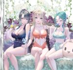  3girls aqua_hair artist_name bangs blonde_hair blue_nails blue_scrunchie blue_swimsuit breasts closed_eyes closed_mouth commentary cup double_bun eyebrows_visible_through_hair food green_eyes green_swimsuit hair_ribbon highres holding holding_cup ice_cream kotosuzu large_breasts long_hair looking_at_viewer medium_breasts multiple_girls nail_polish navel orange_swimsuit original parted_bangs parted_lips ponytail ribbon scrunchie sitting smile swimsuit very_long_hair white_ribbon 