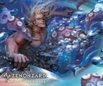  1boy abs air_bubble backpack bag blonde_hair bubble company_name copyright_name dual_wielding eyepatch holding holding_knife julio_(zenonzard) knife long_hair looking_at_viewer male_focus merman monster_boy muscular outdoors pectorals rakuen solo spatula tentacles underwater zenonzard 