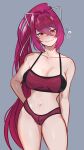  1girl :3 absurdres bikini blush breasts closed_mouth collarbone eyebrows_visible_through_hair galadysp highres large_breasts long_hair looking_at_viewer navel pink_bikini pink_hair ponytail red_eyes smile solo swimsuit under_night_in-birth yuzuriha_(under_night_in-birth) 