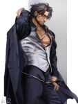  1boy absurdres alchemy_stars anjingkuxiao bara beard black_hair coat coat_removed facial_hair from_side highres holding holding_clothes holding_coat large_pectorals male_focus mature_male muscular muscular_male partially_unbuttoned pectoral_cleavage pectorals rhein_(alchemy_stars) short_hair smile solo 