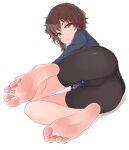  1girl amane_suzuha ass barefoot bike_shorts black_shorts blush brown_hair closed_mouth eyebrows_visible_through_hair feet foot_focus greek_toe green_eyes highres jacket kahlua_(artist) looking_at_viewer lying on_side shorts simple_background solo steins;gate toes white_background 