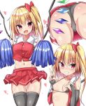  1girl :d adapted_costume ass bangs bikini black_bikini black_gloves black_legwear blonde_hair bow breasts buttons cheerleader cleavage crystal elbow_gloves eyebrows_visible_through_hair fingerless_gloves flandre_scarlet gloves grin hair_bow heart heart-shaped_pupils highres holding holding_pom_poms kuraaken looking_at_viewer micro_bikini multiple_views navel one_side_up open_mouth pleated_skirt pom_pom_(cheerleading) red_bow red_eyes red_shirt red_skirt shirt short_hair simple_background skirt small_breasts smile sweat swimsuit symbol-shaped_pupils thighhighs touhou v white_background wings 