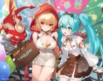  2girls :d animal bag balloon bangs bare_shoulders black_gloves blonde_hair blue_eyes blue_hair bow breasts brown_bow brown_skirt cape character_request cleavage closed_mouth collared_shirt commentary_request crossover dragon dress eyebrows_visible_through_hair figure_story gloves hair_between_eyes hair_bow hatsune_miku highres hood hood_up hooded_cape long_hair long_sleeves mouth_hold multiple_girls nima_(niru54) paper_bag plaid plaid_skirt railing red_cape red_eyes shirt shopping_bag skirt sleeveless sleeveless_dress smile star_(symbol) twintails very_long_hair vocaloid white_dress white_shirt wrist_cuffs 