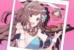  1girl animal_ears bow breasts brown_hair cake castella_(food) chibi cleavage dated eyebrows_visible_through_hair fake_animal_ears food hair_ornament hanetsuka happy_birthday heart idolmaster idolmaster_shiny_colors l&#039;antica_(idolmaster) large_breasts long_hair open_mouth pink_background rabbit_ears ribbon smile tray tsukioka_kogane 