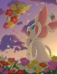  blue_eyes cloud comfey commentary_request eye_contact flower from_below green_eyes highres looking_at_another no_humans open_mouth outdoors petals pokemon pokemon_(creature) rumine_(yoshi1234567) sky smile sylveon twilight 