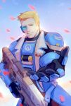  &gt;_o 1boy armor bara black_gloves blonde_hair blue_eyes blue_jacket chest_armor closed_mouth day falling_petals gloves gun holding holding_gun holding_weapon jacket long_jacket looking_at_viewer male_focus muscular muscular_male one_eye_closed open_clothes open_jacket outdoors outstretched_arm overwatch petals pevi reaching_out scouter short_hair single_shoulder_pad sky smile soldier:_76_(overwatch) solo strike-commander_morrison vambraces weapon 