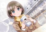  1girl absurdres bangs beige_coat blue_eyes blush brown_hair cafe coat cup dated disposable_cup drinking_straw eyebrows_visible_through_hair highres indoors light_particles long_sleeves looking_at_viewer love_live! love_live!_superstar!! nail_polish scarf short_hair signature smile solo sparkle tang_keke thick_eyebrows xiaoxin041590 yellow_scarf 
