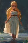  1girl bangs blonde_hair blue_eyes dress grass green_background gxp highres jewelry long_hair looking_at_viewer necklace off-shoulder_dress off_shoulder parted_bangs pointy_ears princess_zelda sandals see-through_silhouette solo the_legend_of_zelda the_legend_of_zelda:_breath_of_the_wild triforce twitter_username wading water white_dress 