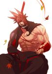  1boy abs bangs bara bare_pectorals biceps brown_hair fate/grand_order fate_(series) hakama highres igote japanese_clothes leaves_in_wind male_focus mask muscular muscular_male over_shoulder pectorals rao_(live-w) simple_background sitting solo stomach sword sword_over_shoulder tanaka_shinbei_(fate) upper_body weapon weapon_over_shoulder 
