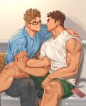  2boys bara blush brown_hair eye_contact food frottage glasses hand_on_another&#039;s_arm highres imminent_kiss leg_between_thighs looking_at_another male_focus multiple_boys muscular muscular_male original pectorals pocky pocky_day short_hair simple_background sleeve_rolled_up smile thighs undressing_another yaoi youchi123 