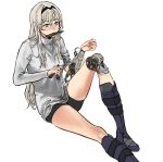  1girl an-94_(girls&#039;_frontline) android asaripan bike_shorts black_shorts blue_eyes boots commentary_request eyebrows_visible_through_hair girls&#039;_frontline grey_hair hairband highres joints knee_up knife knife_in_mouth long_hair long_sleeves mechanical_parts mouth_hold pliers repairing robot_joints shirt shorts simple_background sitting sleeve_rolled_up solo turtleneck white_background white_shirt wire 
