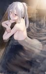  1girl back bangs bathing blush breasts completely_nude dripping elbow_rest from_side hair_between_eyes hands_up high_ponytail highres light_smile long_hair looking_at_viewer nude onsen original pallad partially_submerged red_eyes refraction relaxed sidelocks single_hair_intake small_breasts solo steam water wet white_hair 