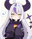  1girl :i ahoge black_jacket blush blush_stickers braid collar commentary demon_girl demon_horns diffraction_spikes english_commentary frown hair_between_eyes highres hololive horns jacket la+_darknesss long_hair long_sleeves looking_at_viewer metal_collar multicolored_hair pointy_ears pout purple_hair shouu-kun silver_hair sleeves_past_fingers sleeves_past_wrists solo speech_bubble streaked_hair two-tone_hair upper_body virtual_youtuber wide_sleeves yellow_eyes 