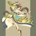  1girl adapted_costume animal_ears arrow_(projectile) blue_eyes bow_(weapon) brown_hair chest_sarashi cosplay drawing_bow ear_covers full_body hadanugi_dousa highres holding holding_arrow holding_bow_(weapon) holding_weapon horse_ears horse_girl horse_tail japanese_clothes kimono late_autumn_the_music_echoes_(umamusume) long_sleeves mr._c.b._(umamusume) nogi_(jczu7445) okobo ponytail sandals sarashi single_bare_shoulder single_ear_cover single_sleeve single_vambrace socks solo symboli_rudolf_(umamusume) symboli_rudolf_(umamusume)_(cosplay) tabi tail umamusume vambraces weapon 