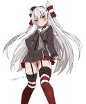  1girl amatsukaze_(kancolle) black_dress blush brown_eyes buttons closed_mouth dress eyebrows_visible_through_hair feet_out_of_frame garter_straps hair_between_eyes hair_tubes highres kantai_collection long_hair long_sleeves original_remodel_(kantai_collection) red_legwear sailor_collar sailor_dress silver_hair simple_background smile solo takanashi_kei_(hitsujikan) thighhighs two_side_up white_background white_sailor_collar windsock 