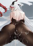  1girl aegir_(azur_lane) ass azur_lane bangs bar_censor bare_shoulders black_panties blush bodystocking censored closed_mouth commentary_request cross cross_earrings cum cum_on_ass cum_on_back earrings eyebrows_visible_through_hair from_below glassjill highres horns jewelry long_hair looking_at_viewer multicolored_hair panties pussy red_hair silver_hair solo spread_pussy streaked_hair underwear yellow_eyes 